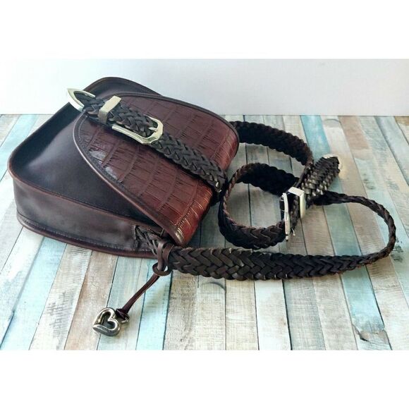 Brighton SADDLE BROWN CROCO GENUINE LEATHER WOVEN STRAP FLAP X-BODY SHOULDER BAG - Picture 6 of 12